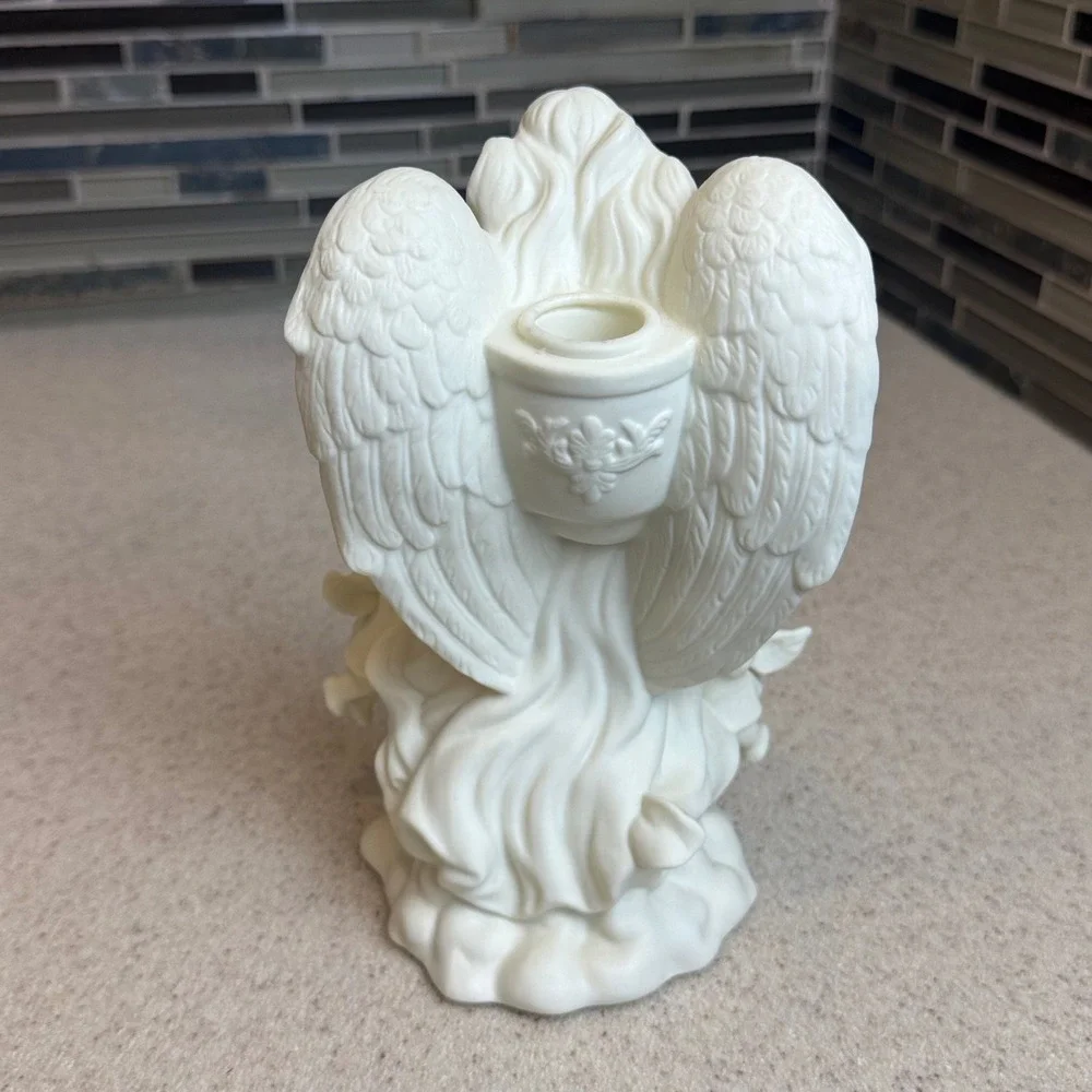 VTG PartyLite White Bisque Angel with Cherubs Taper Candle Holder Figurine P0434